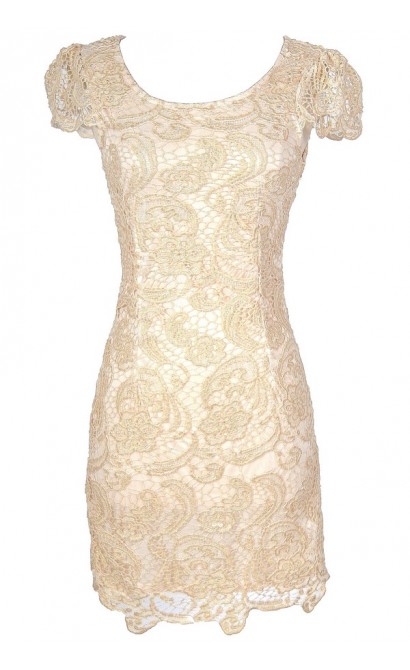 Nila Crochet Lace Capsleeve Pencil Dress in Beige Shimmer